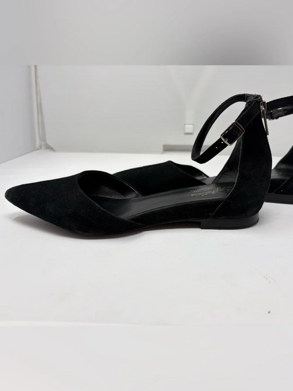 Seychelles Plateau d'Orsay Flats Black Suede Leather 9.5 Ankle Strap Pointy Toe